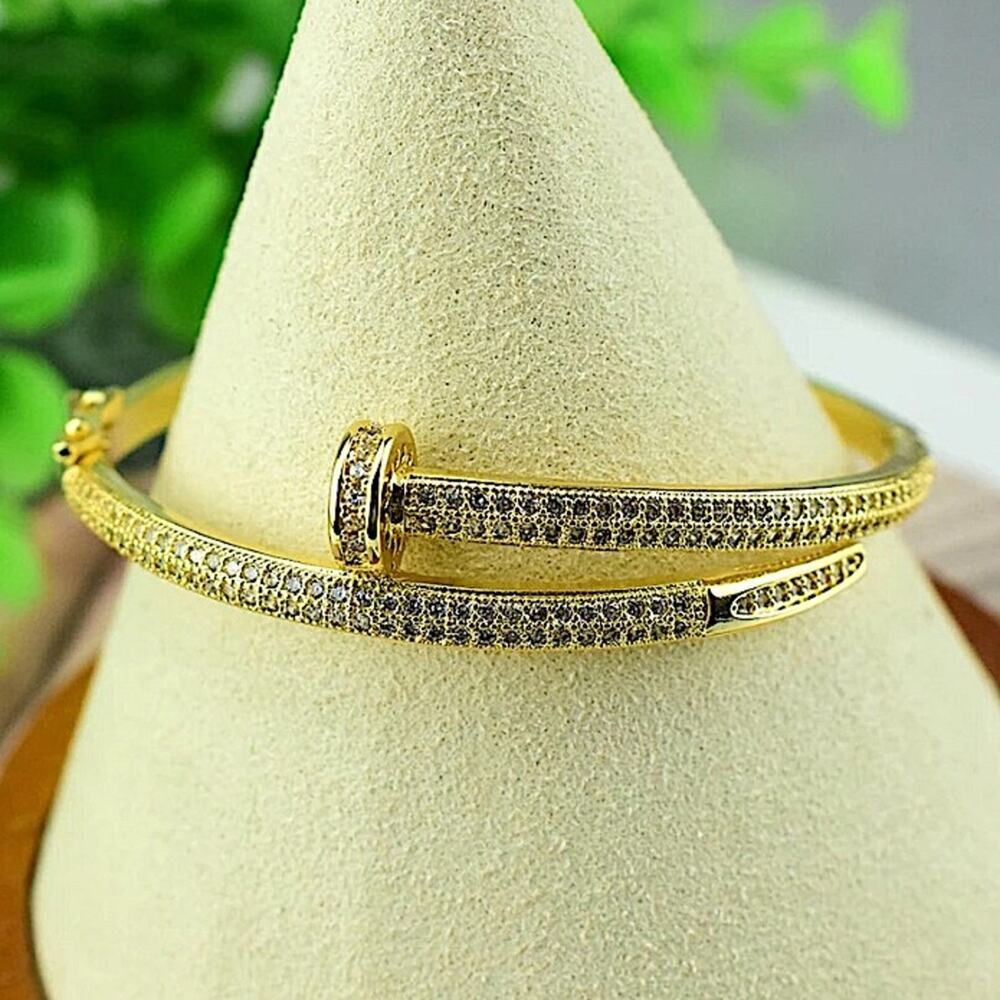 Gold Nail Zircon Screw Tack Bangle Bracelet - Picture 8 of 9